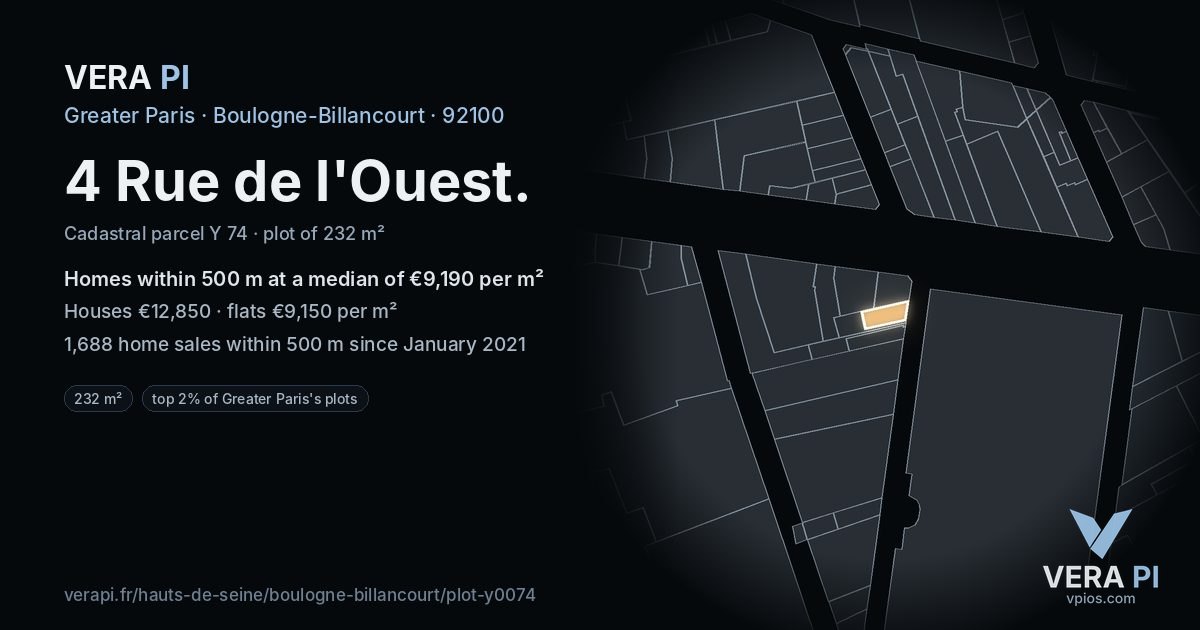 4 Rue de l'Ouest, Boulogne-Billancourt at night – the plot lit, the parcels around coloured by the prices near them