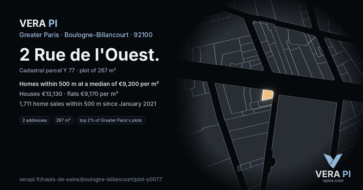 2 Rue de l'Ouest, Boulogne-Billancourt at night – the plot lit, the parcels around coloured by the prices near them
