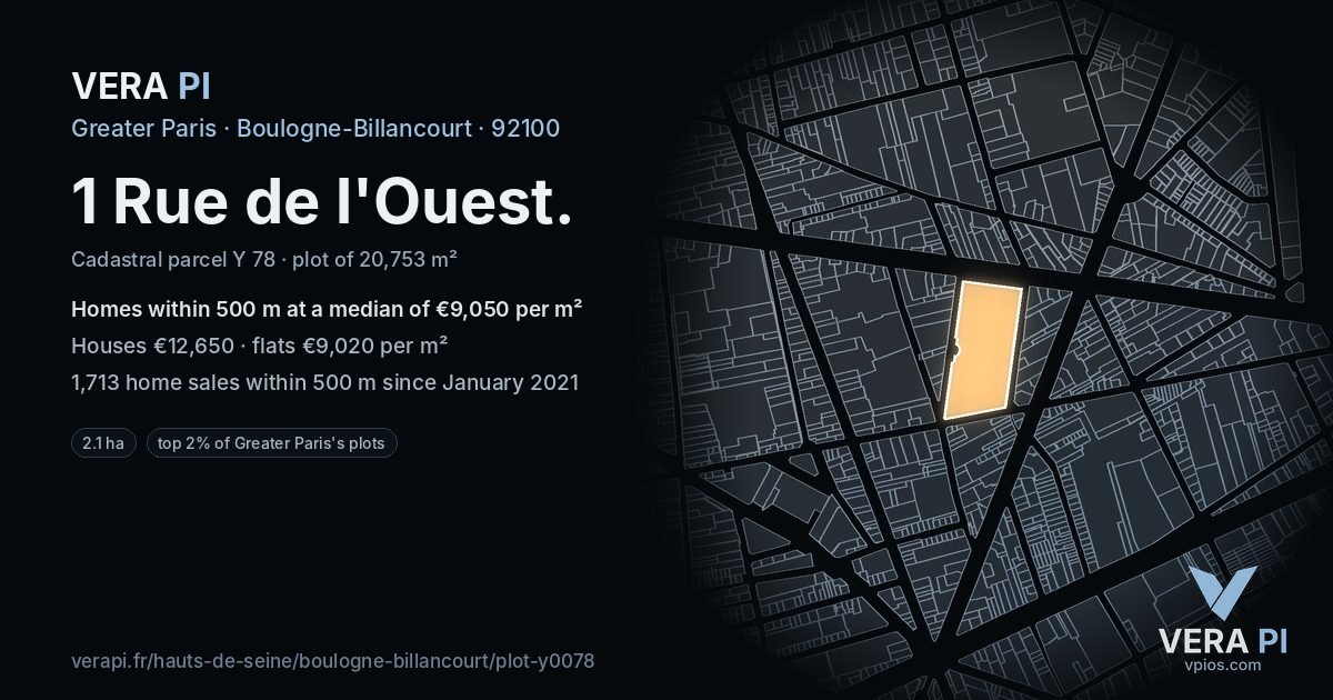 1 Rue de l'Ouest, Boulogne-Billancourt at night – the plot lit, the parcels around coloured by the prices near them