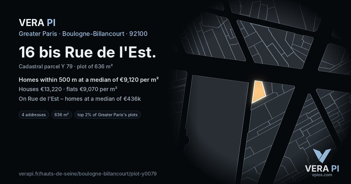 16 bis Rue de l'Est, Boulogne-Billancourt at night – the plot lit, the parcels around coloured by the prices near them