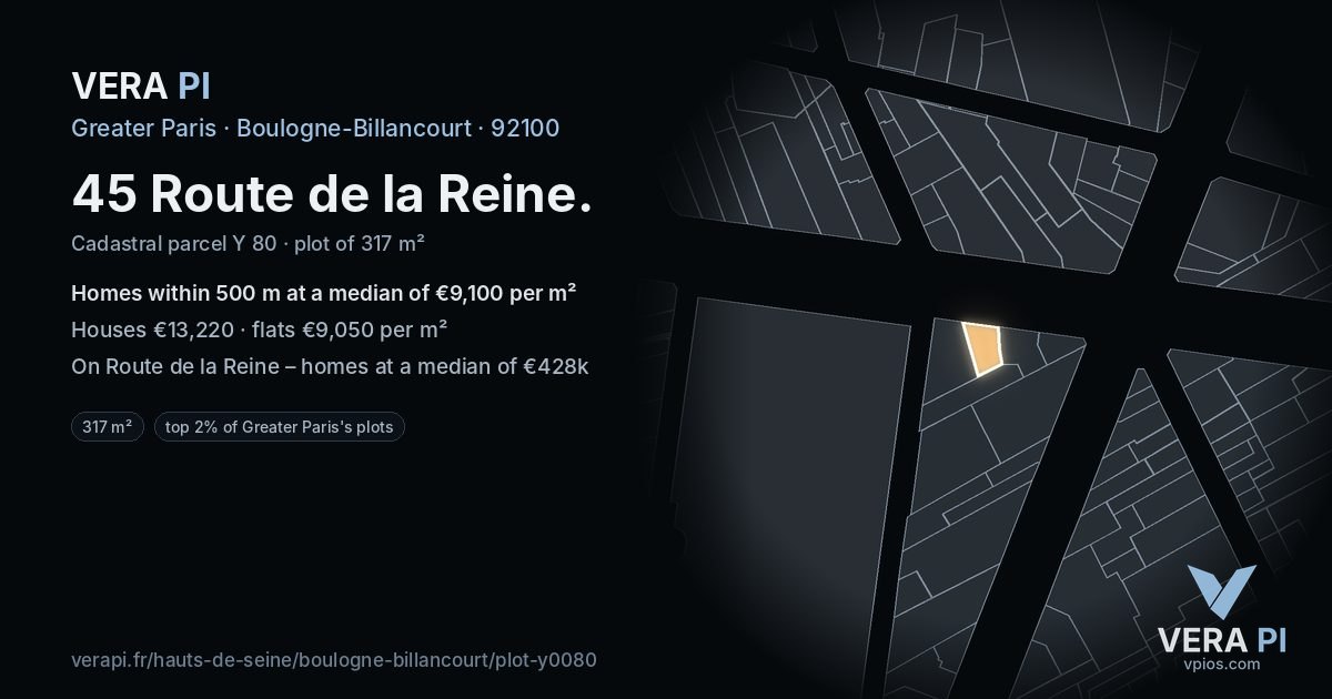 45 Route de la Reine, Boulogne-Billancourt at night – the plot lit, the parcels around coloured by the prices near them