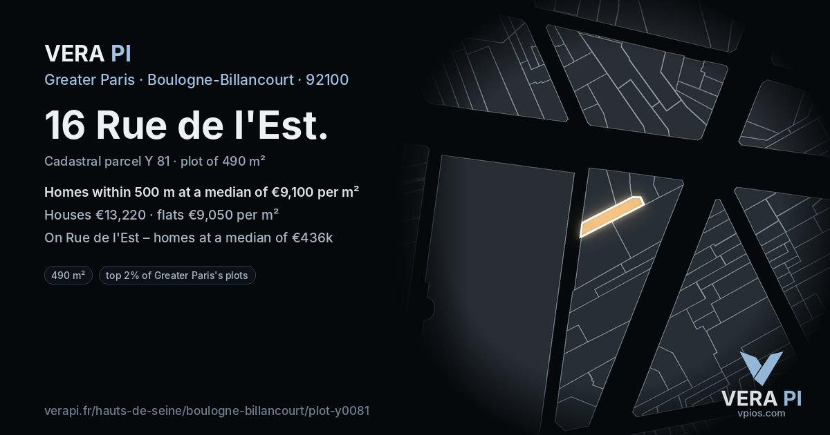 16 Rue de l'Est, Boulogne-Billancourt at night – the plot lit, the parcels around coloured by the prices near them