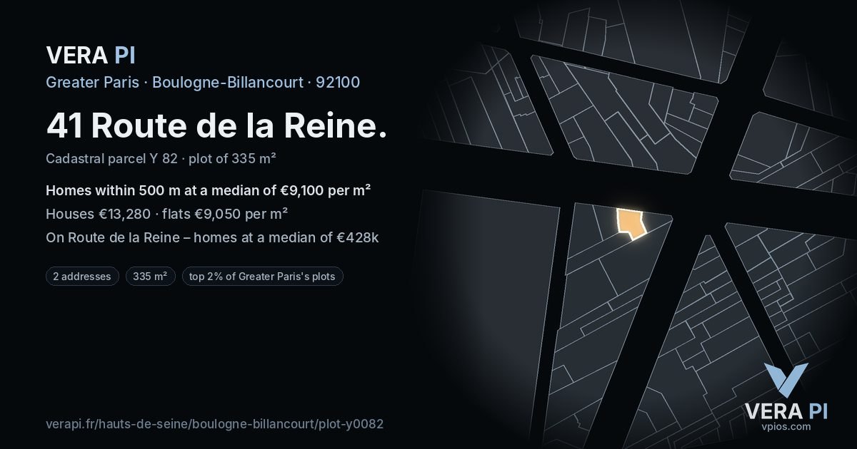 41 Route de la Reine, Boulogne-Billancourt at night – the plot lit, the parcels around coloured by the prices near them