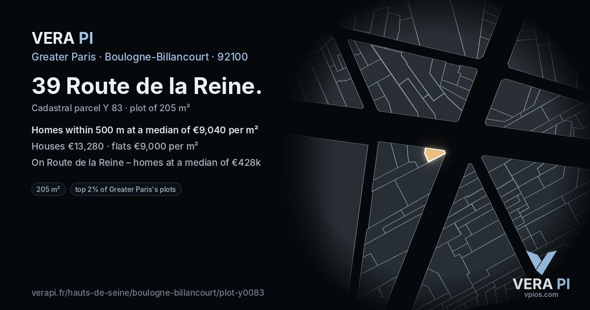 39 Route de la Reine, Boulogne-Billancourt at night – the plot lit, the parcels around coloured by the prices near them