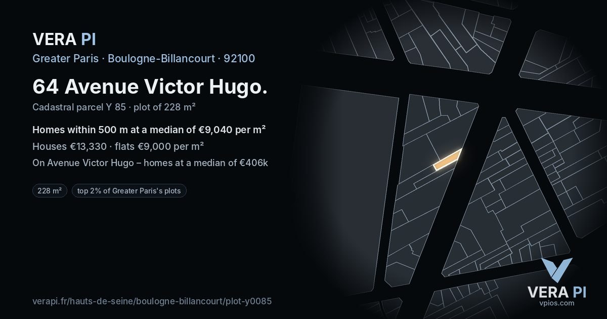 64 Avenue Victor Hugo, Boulogne-Billancourt at night – the plot lit, the parcels around coloured by the prices near them