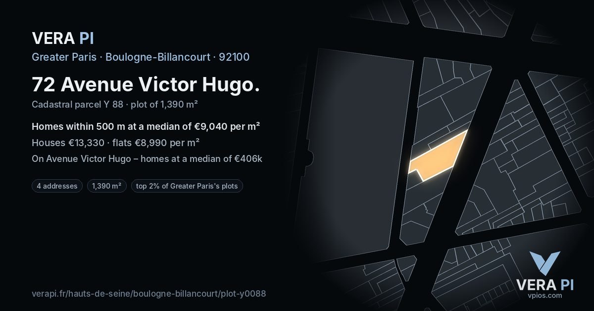 72 Avenue Victor Hugo, Boulogne-Billancourt at night – the plot lit, the parcels around coloured by the prices near them