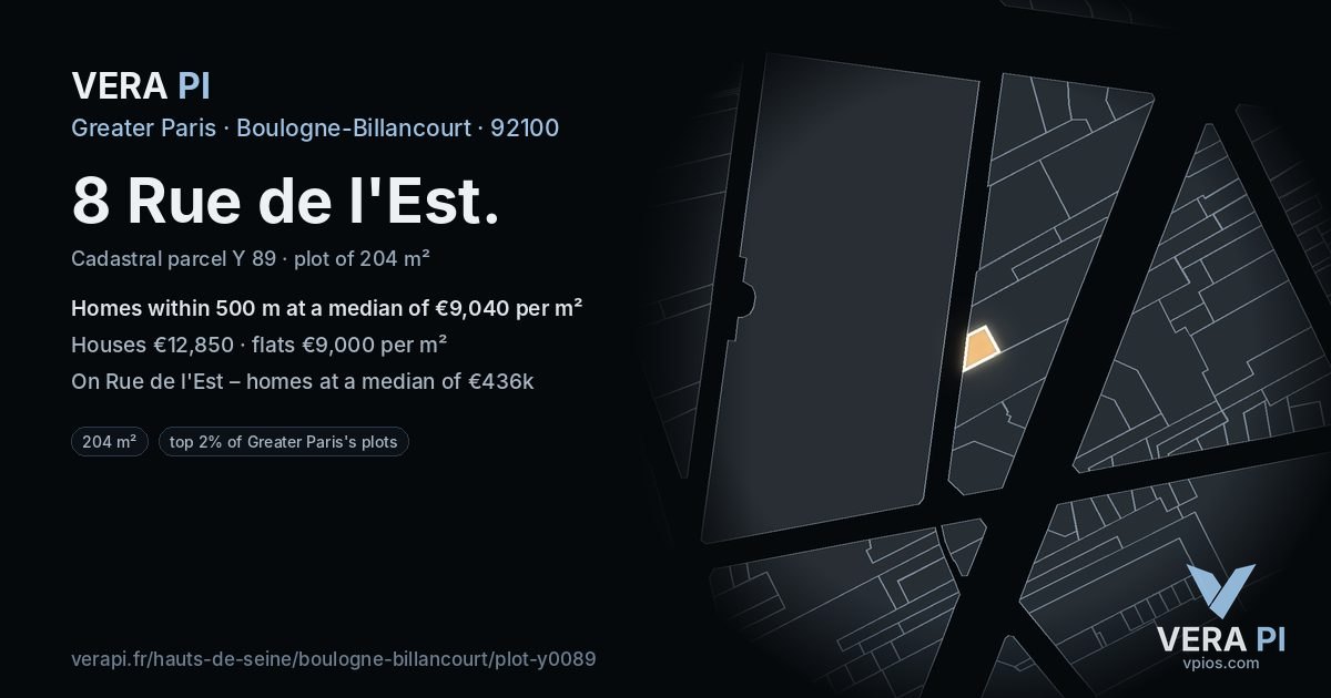 8 Rue de l'Est, Boulogne-Billancourt at night – the plot lit, the parcels around coloured by the prices near them