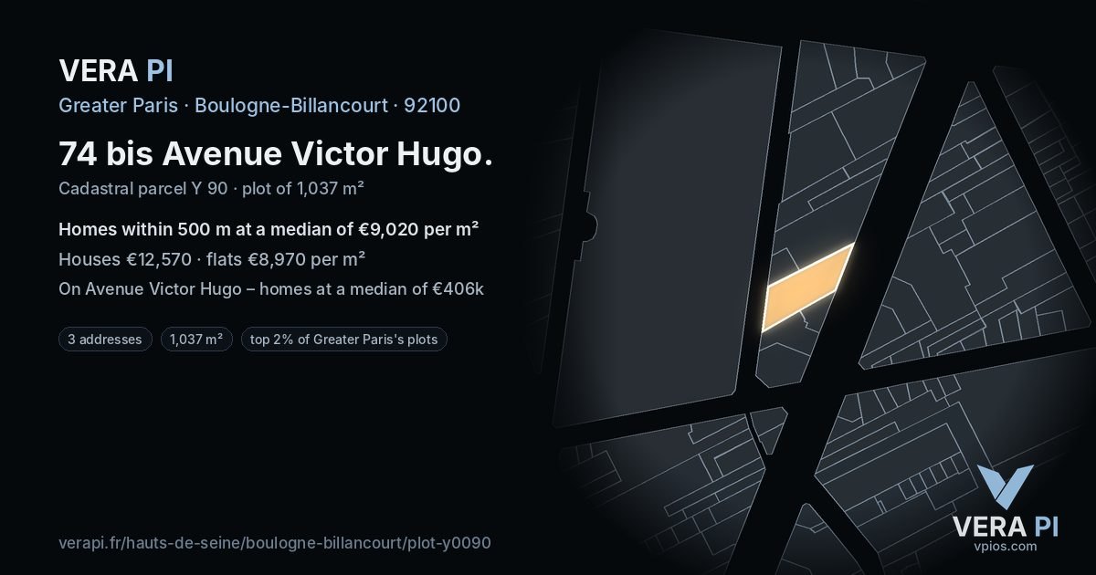 74 bis Avenue Victor Hugo, Boulogne-Billancourt at night – the plot lit, the parcels around coloured by the prices near them
