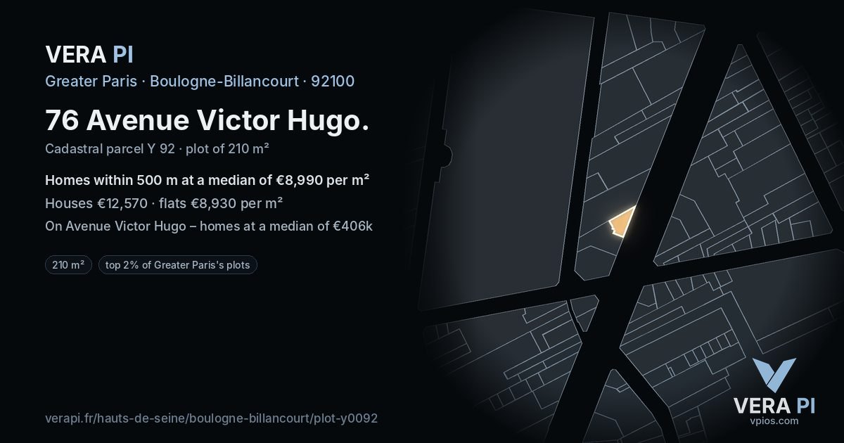 76 Avenue Victor Hugo, Boulogne-Billancourt at night – the plot lit, the parcels around coloured by the prices near them