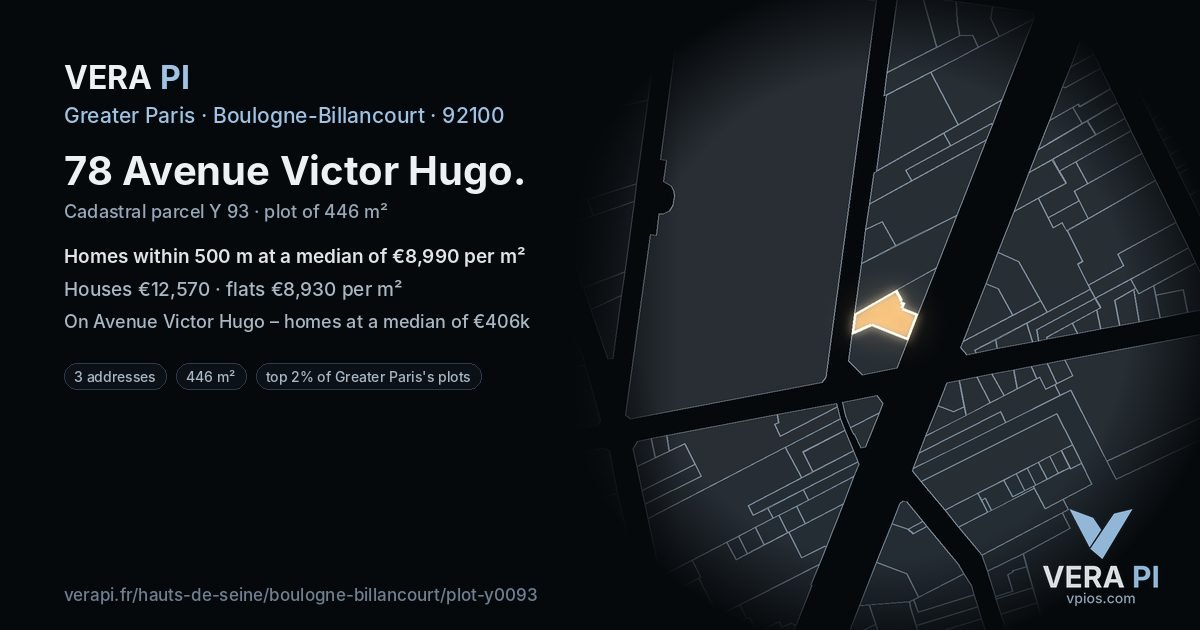 78 Avenue Victor Hugo, Boulogne-Billancourt at night – the plot lit, the parcels around coloured by the prices near them