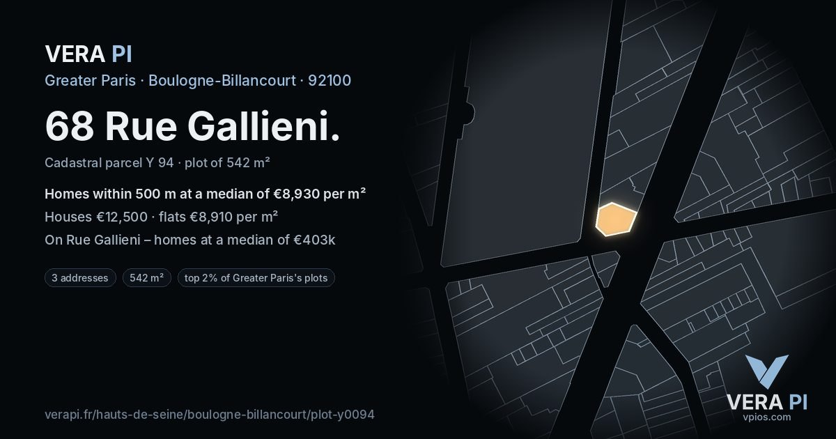 68 Rue Gallieni, Boulogne-Billancourt at night – the plot lit, the parcels around coloured by the prices near them