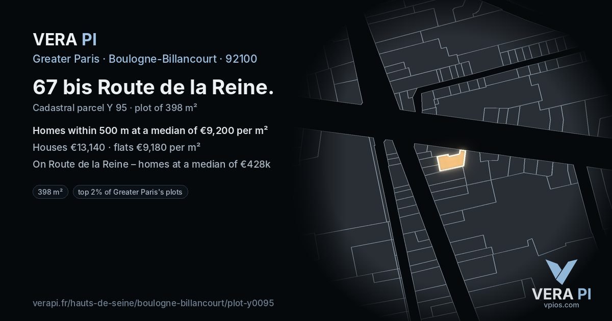 67 bis Route de la Reine, Boulogne-Billancourt at night – the plot lit, the parcels around coloured by the prices near them