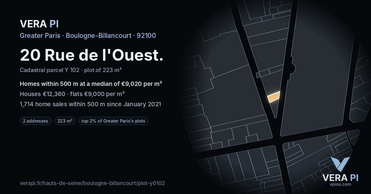 20 Rue de l'Ouest, Boulogne-Billancourt at night – the plot lit, the parcels around coloured by the prices near them
