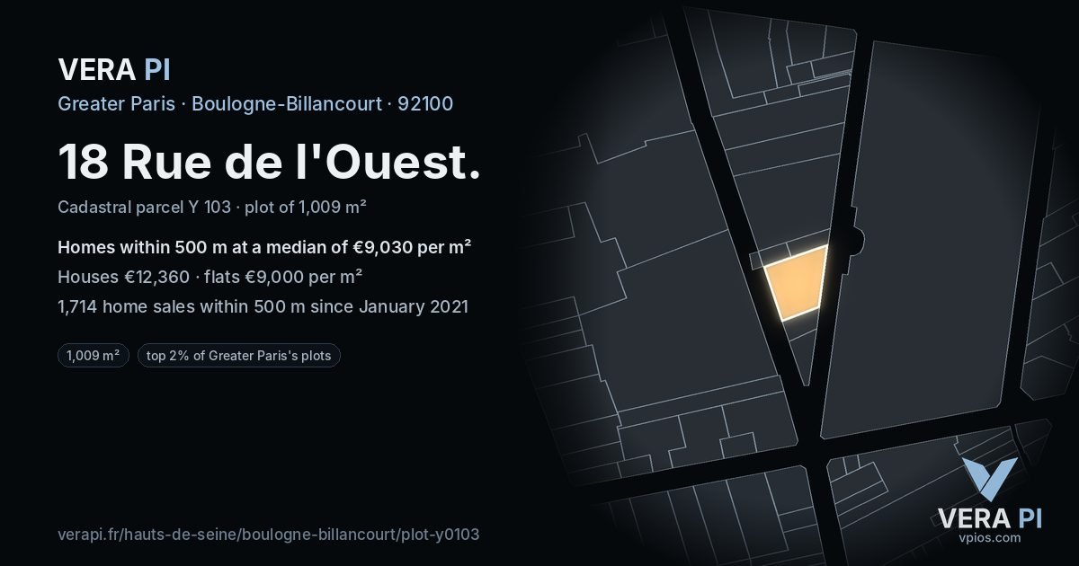 18 Rue de l'Ouest, Boulogne-Billancourt at night – the plot lit, the parcels around coloured by the prices near them