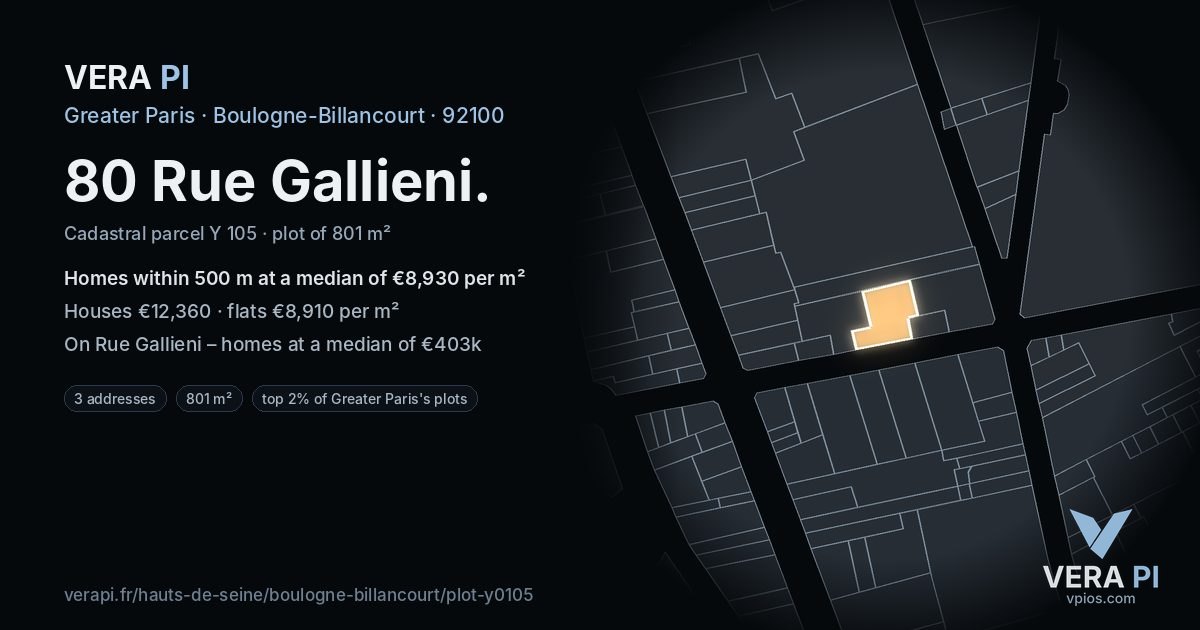 80 Rue Gallieni, Boulogne-Billancourt at night – the plot lit, the parcels around coloured by the prices near them