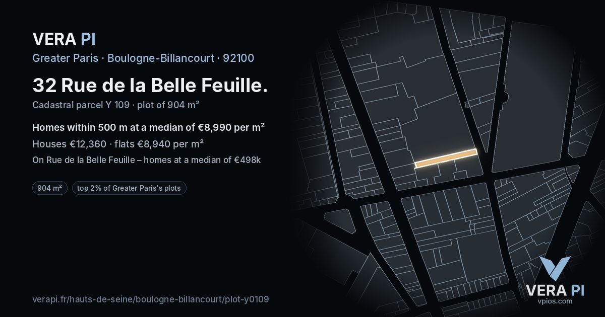 32 Rue de la Belle Feuille, Boulogne-Billancourt at night – the plot lit, the parcels around coloured by the prices near them