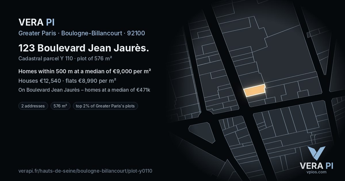 123 Boulevard Jean Jaurès, Boulogne-Billancourt at night – the plot lit, the parcels around coloured by the prices near them
