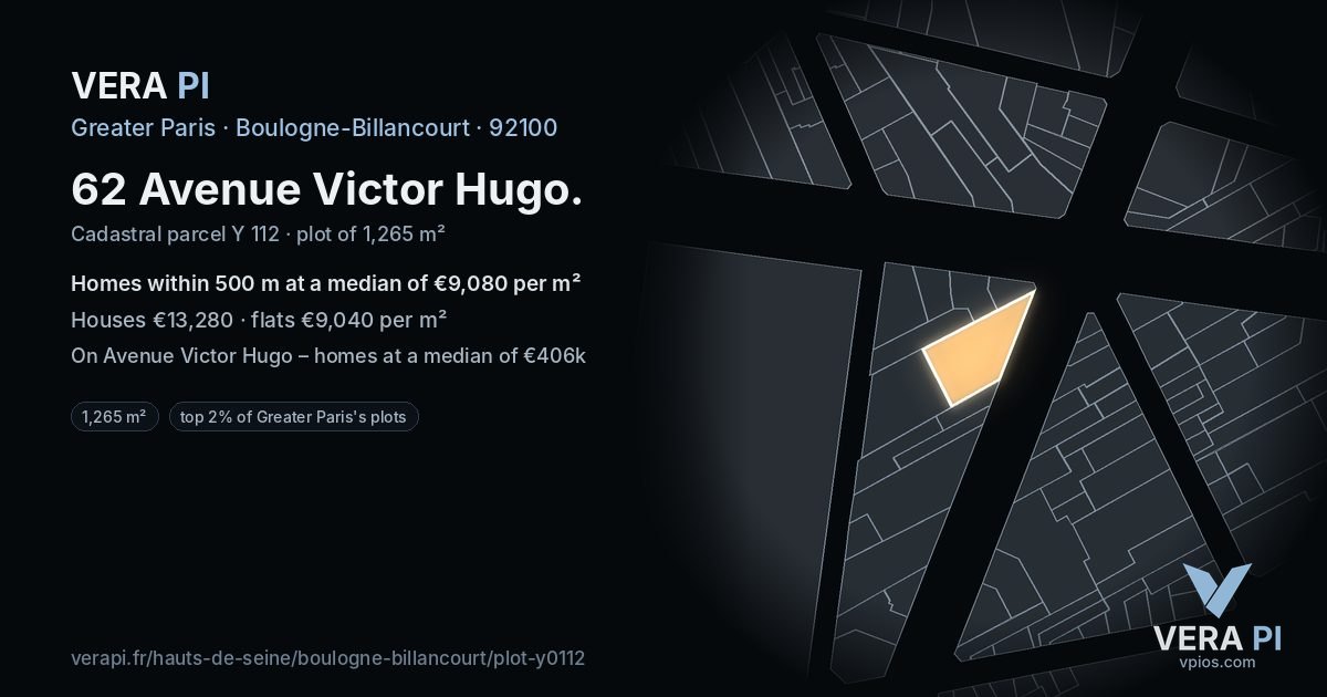 62 Avenue Victor Hugo, Boulogne-Billancourt at night – the plot lit, the parcels around coloured by the prices near them