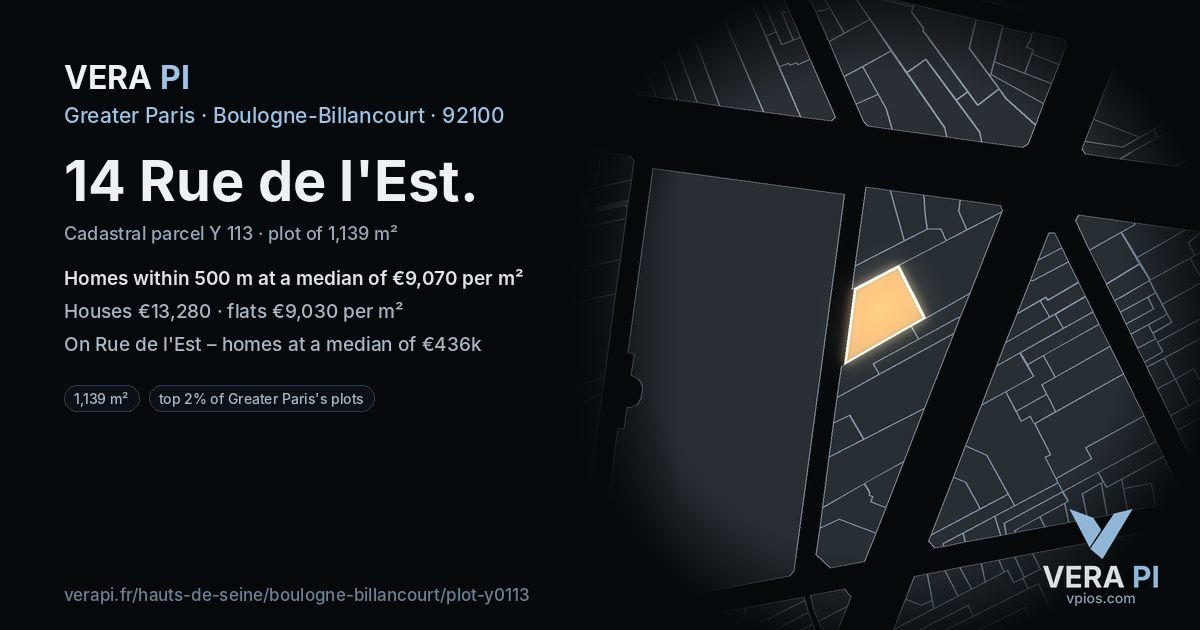 14 Rue de l'Est, Boulogne-Billancourt at night – the plot lit, the parcels around coloured by the prices near them