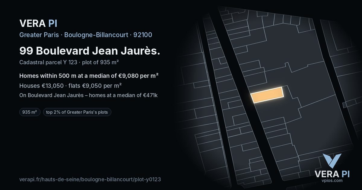 99 Boulevard Jean Jaurès, Boulogne-Billancourt at night – the plot lit, the parcels around coloured by the prices near them