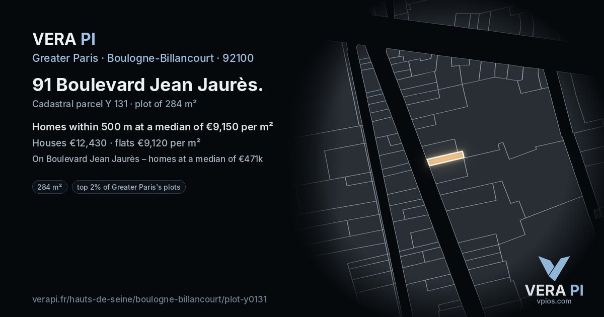 91 Boulevard Jean Jaurès, Boulogne-Billancourt at night – the plot lit, the parcels around coloured by the prices near them