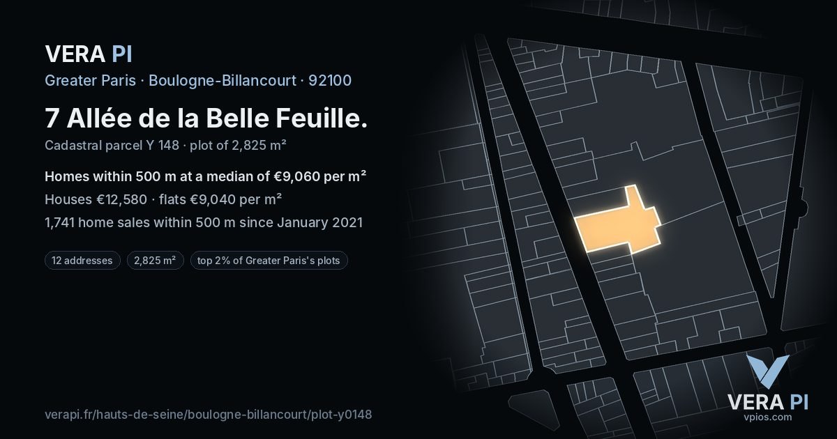 7 Allée de la Belle Feuille, Boulogne-Billancourt at night – the plot lit, the parcels around coloured by the prices near them