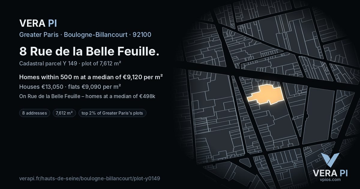 8 Rue de la Belle Feuille, Boulogne-Billancourt at night – the plot lit, the parcels around coloured by the prices near them