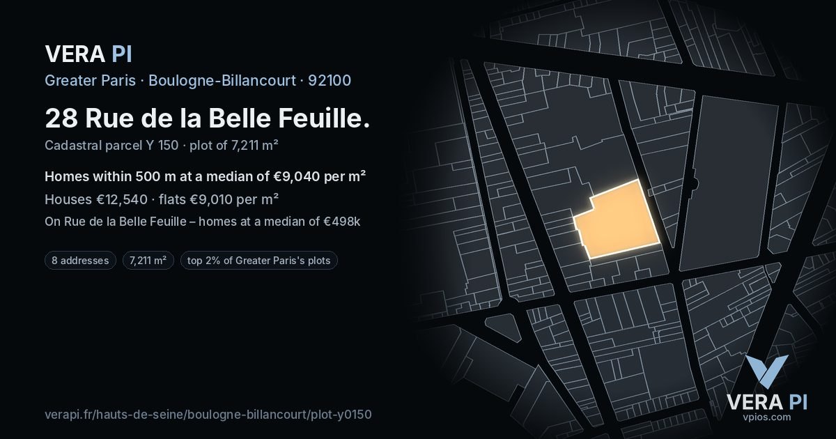28 Rue de la Belle Feuille, Boulogne-Billancourt at night – the plot lit, the parcels around coloured by the prices near them