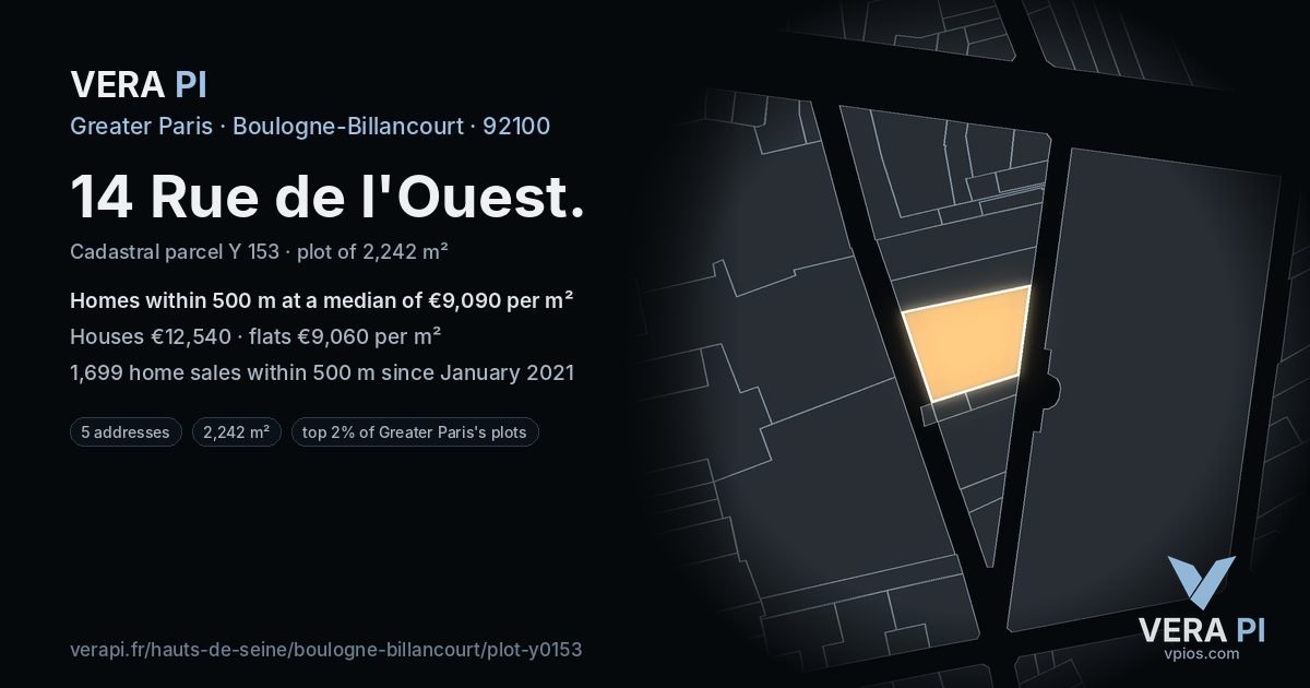 14 Rue de l'Ouest, Boulogne-Billancourt at night – the plot lit, the parcels around coloured by the prices near them