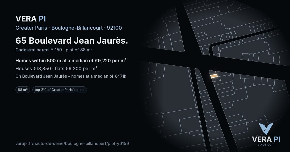65 Boulevard Jean Jaurès, Boulogne-Billancourt at night – the plot lit, the parcels around coloured by the prices near them