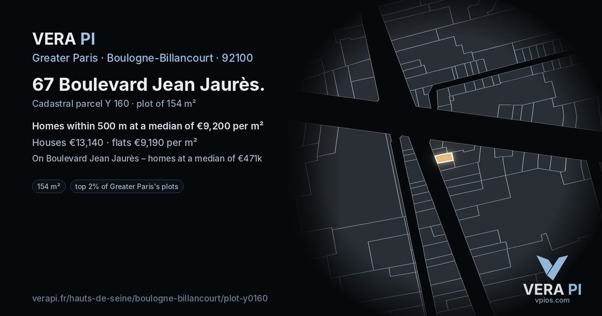 67 Boulevard Jean Jaurès, Boulogne-Billancourt at night – the plot lit, the parcels around coloured by the prices near them