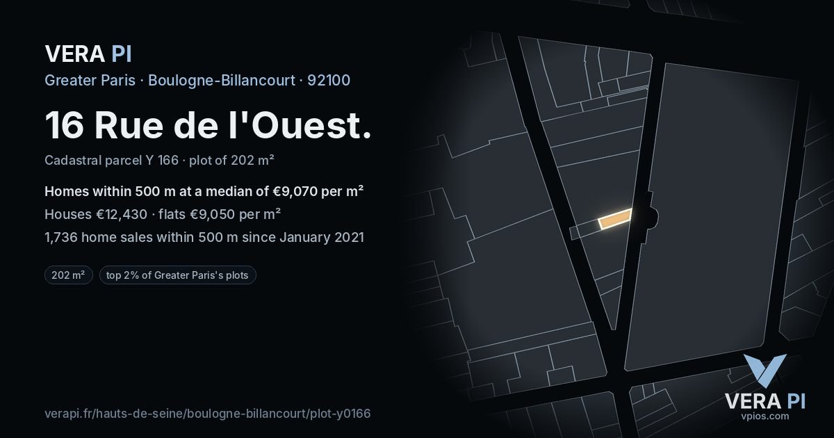 16 Rue de l'Ouest, Boulogne-Billancourt at night – the plot lit, the parcels around coloured by the prices near them