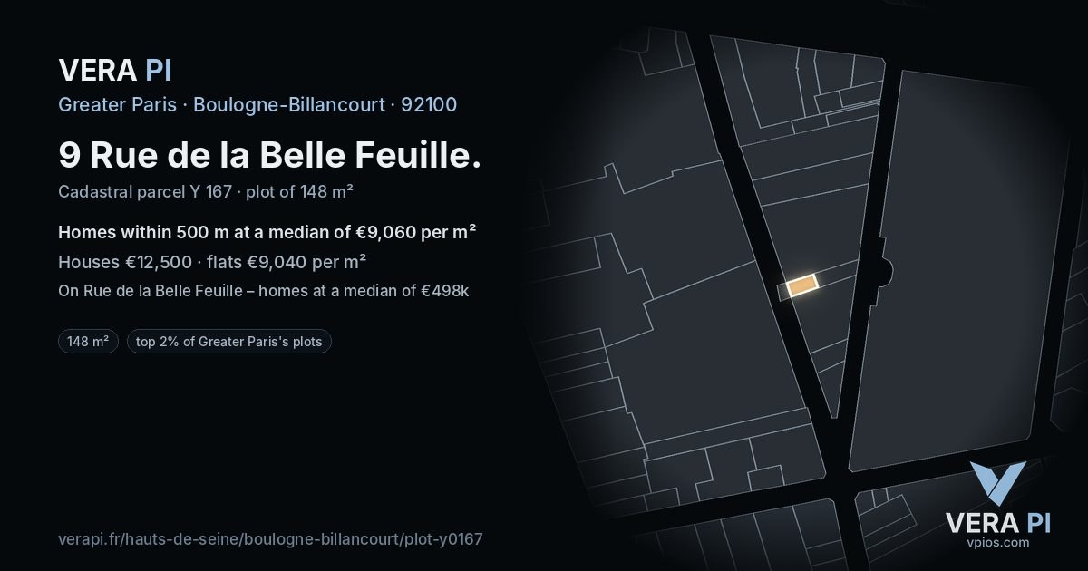 9 Rue de la Belle Feuille, Boulogne-Billancourt at night – the plot lit, the parcels around coloured by the prices near them