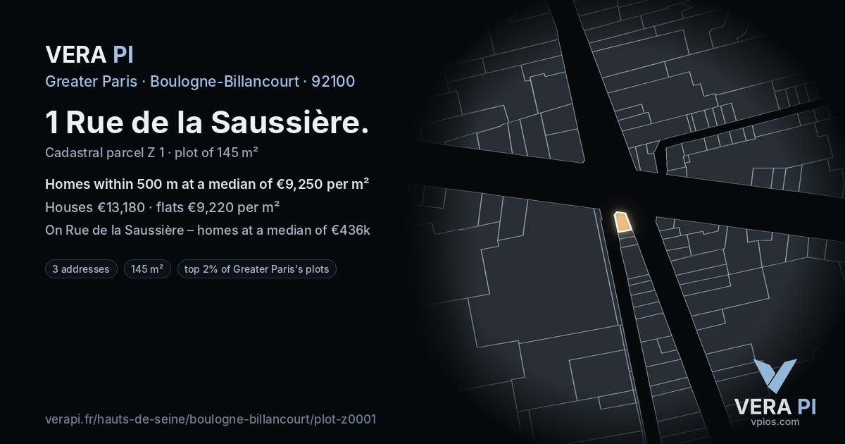 1 Rue de la Saussière, Boulogne-Billancourt at night – the plot lit, the parcels around coloured by the prices near them
