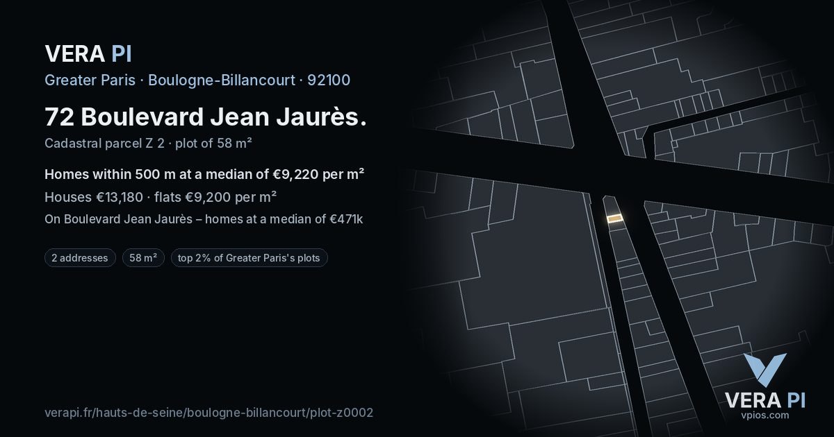 72 Boulevard Jean Jaurès, Boulogne-Billancourt at night – the plot lit, the parcels around coloured by the prices near them