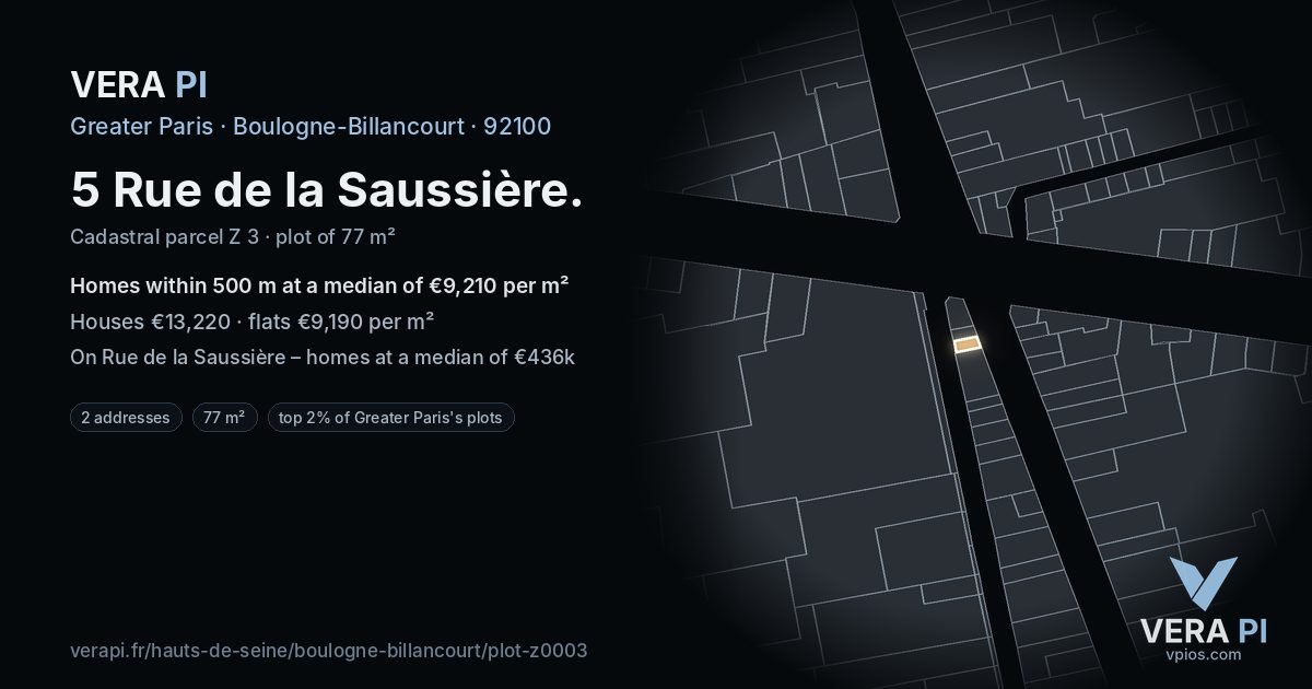 5 Rue de la Saussière, Boulogne-Billancourt at night – the plot lit, the parcels around coloured by the prices near them