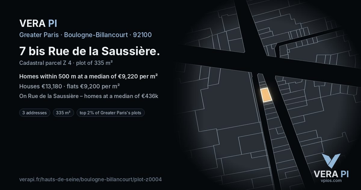 7 bis Rue de la Saussière, Boulogne-Billancourt at night – the plot lit, the parcels around coloured by the prices near them