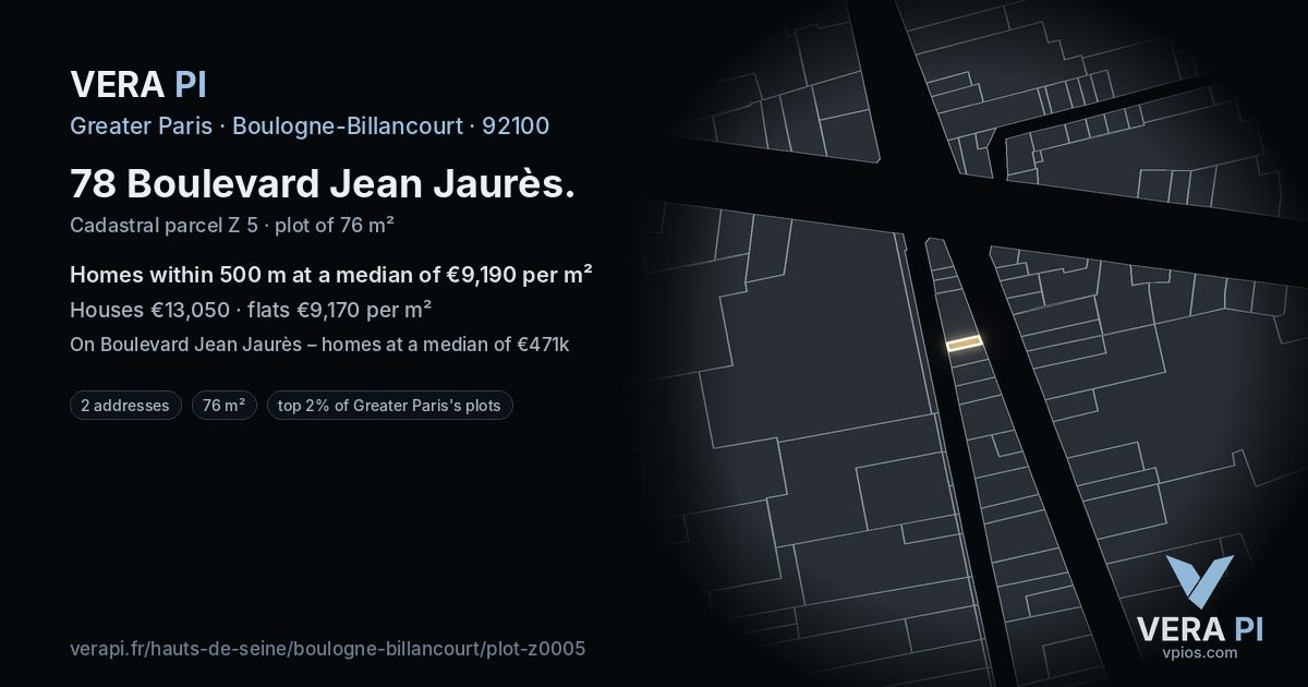 78 Boulevard Jean Jaurès, Boulogne-Billancourt at night – the plot lit, the parcels around coloured by the prices near them
