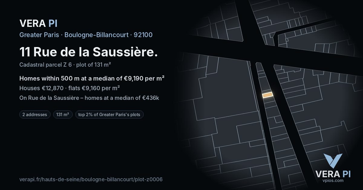 11 Rue de la Saussière, Boulogne-Billancourt at night – the plot lit, the parcels around coloured by the prices near them