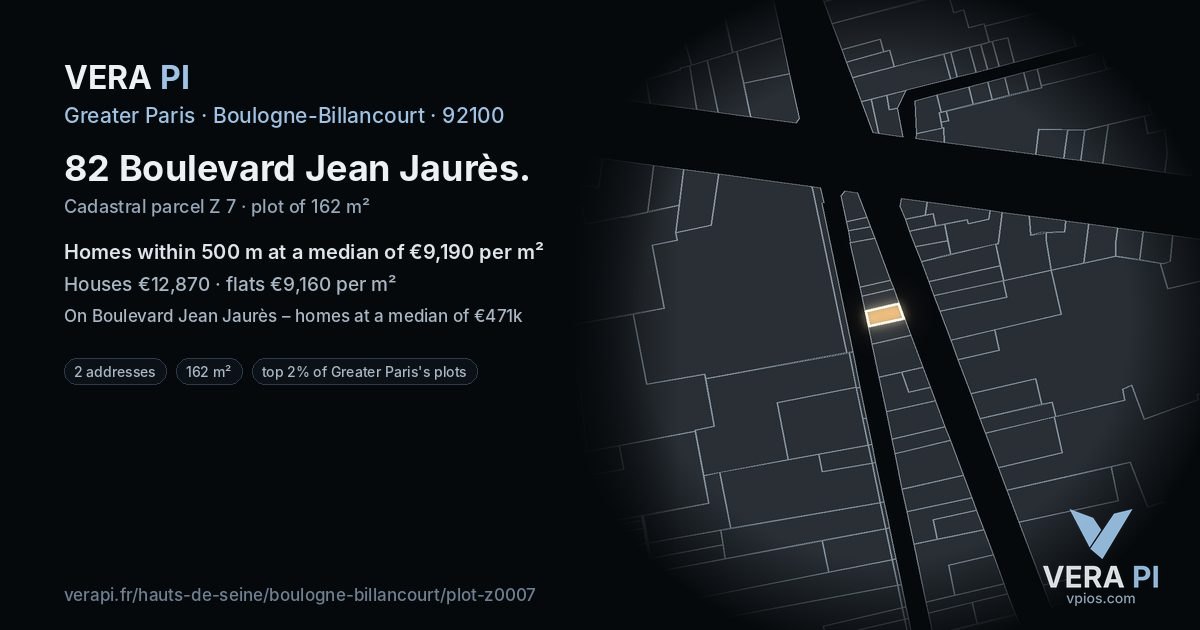 82 Boulevard Jean Jaurès, Boulogne-Billancourt at night – the plot lit, the parcels around coloured by the prices near them