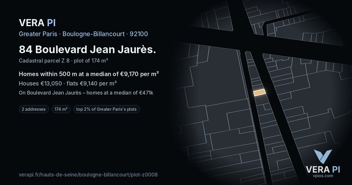 84 Boulevard Jean Jaurès, Boulogne-Billancourt at night – the plot lit, the parcels around coloured by the prices near them