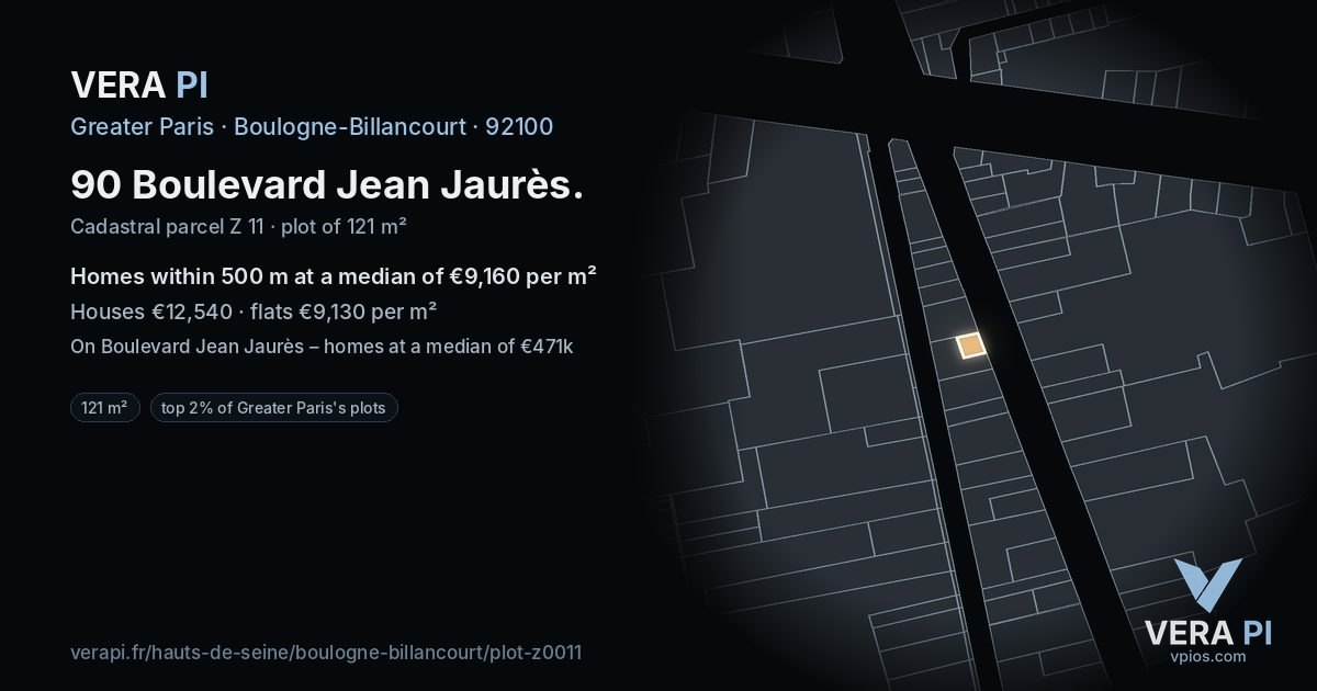 90 Boulevard Jean Jaurès, Boulogne-Billancourt at night – the plot lit, the parcels around coloured by the prices near them