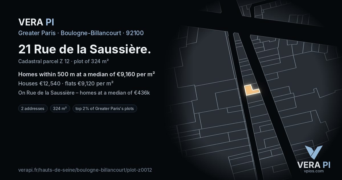 21 Rue de la Saussière, Boulogne-Billancourt at night – the plot lit, the parcels around coloured by the prices near them