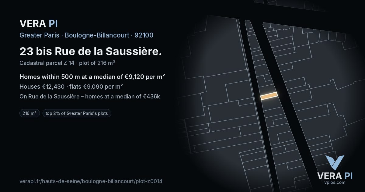 23 bis Rue de la Saussière, Boulogne-Billancourt at night – the plot lit, the parcels around coloured by the prices near them
