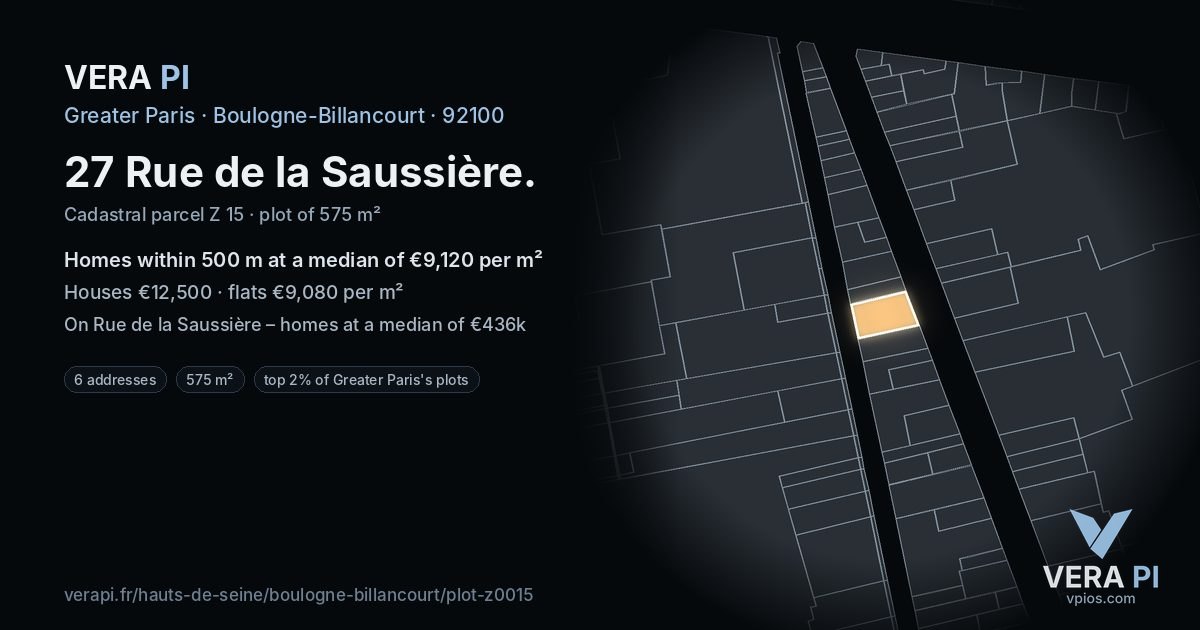 27 Rue de la Saussière, Boulogne-Billancourt at night – the plot lit, the parcels around coloured by the prices near them