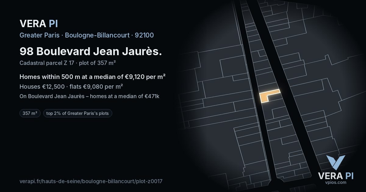 98 Boulevard Jean Jaurès, Boulogne-Billancourt at night – the plot lit, the parcels around coloured by the prices near them