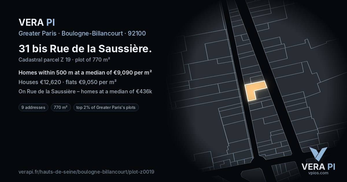 31 bis Rue de la Saussière, Boulogne-Billancourt at night – the plot lit, the parcels around coloured by the prices near them