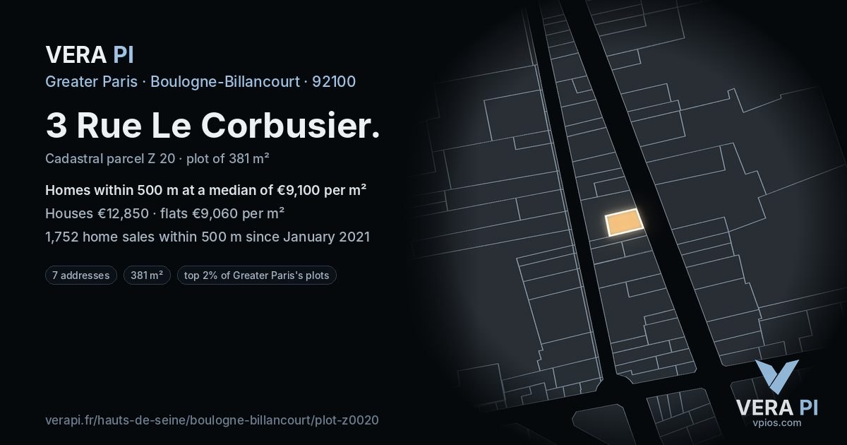 3 Rue Le Corbusier, Boulogne-Billancourt at night – the plot lit, the parcels around coloured by the prices near them