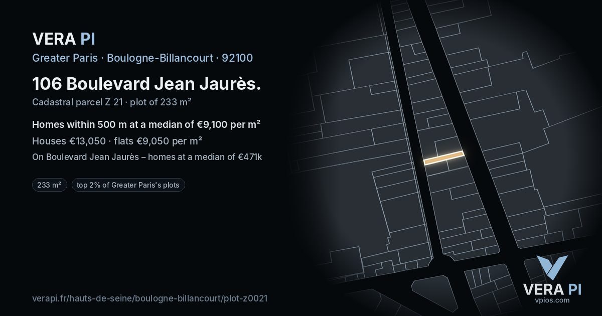 106 Boulevard Jean Jaurès, Boulogne-Billancourt at night – the plot lit, the parcels around coloured by the prices near them