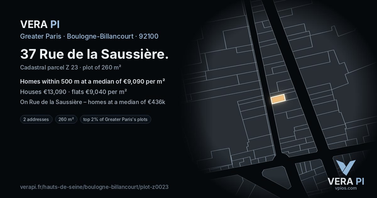 37 Rue de la Saussière, Boulogne-Billancourt at night – the plot lit, the parcels around coloured by the prices near them